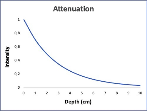 Signal intensity is attenuated exponentially by depth as shown by this